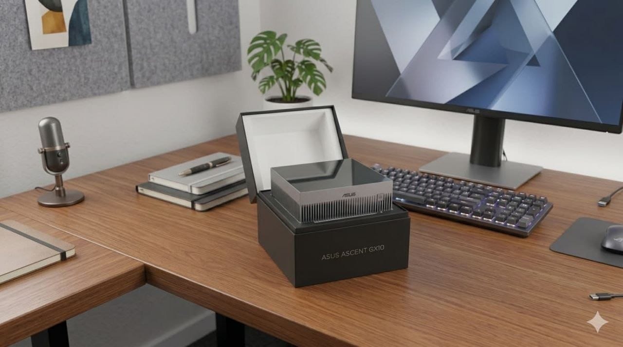 ASUS Ascent GX10 beim Auspacken auf dem Schreibtisch