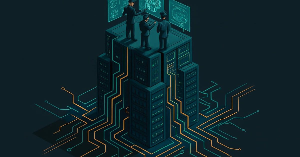 Isometrische Illustration von Personen auf einem Rechenzentrum-Turm, die an KI-Bildschirmen arbeiten – symbolisiert die Schnittstelle zwischen Technologie und Kontrolle.