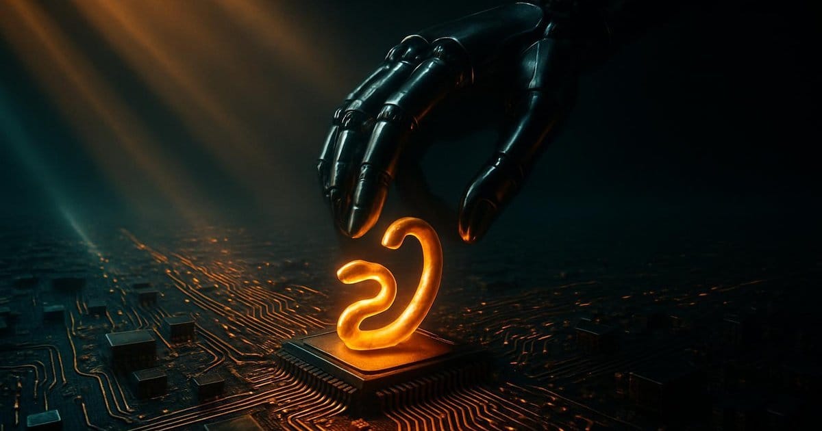 Roboterhand greift nach leuchtendem Python-Logo auf Computerchip — symbolisiert OpenAIs Übernahme von Astral