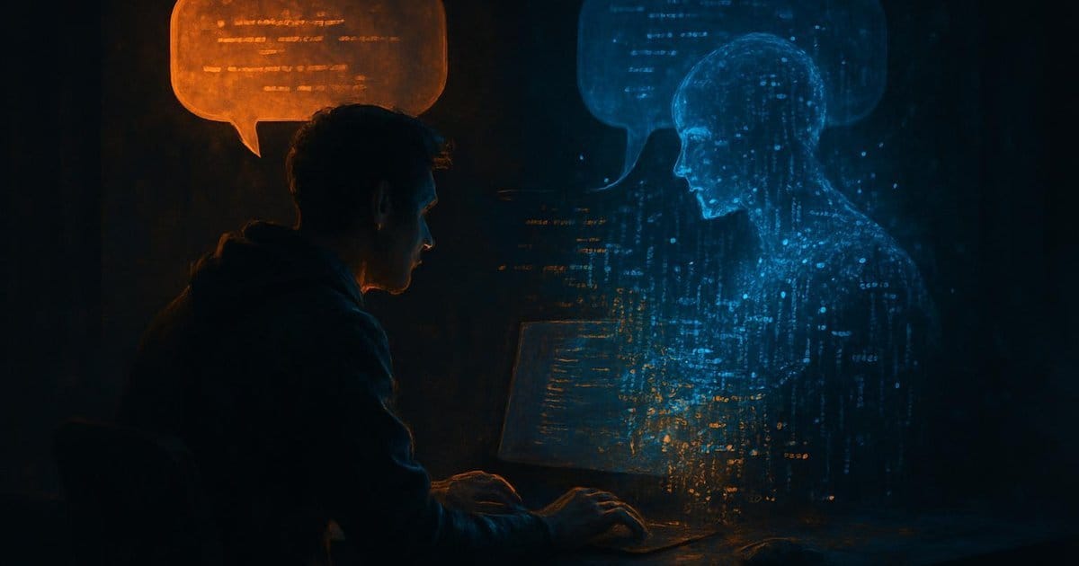 Vibe Coding — cinematic Illustration eines Entwicklers der per Sprache mit KI kommuniziert