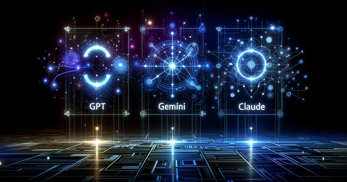 Drei KI-Modell-Icons im digitalen Raum — GPT, Gemini, Claude