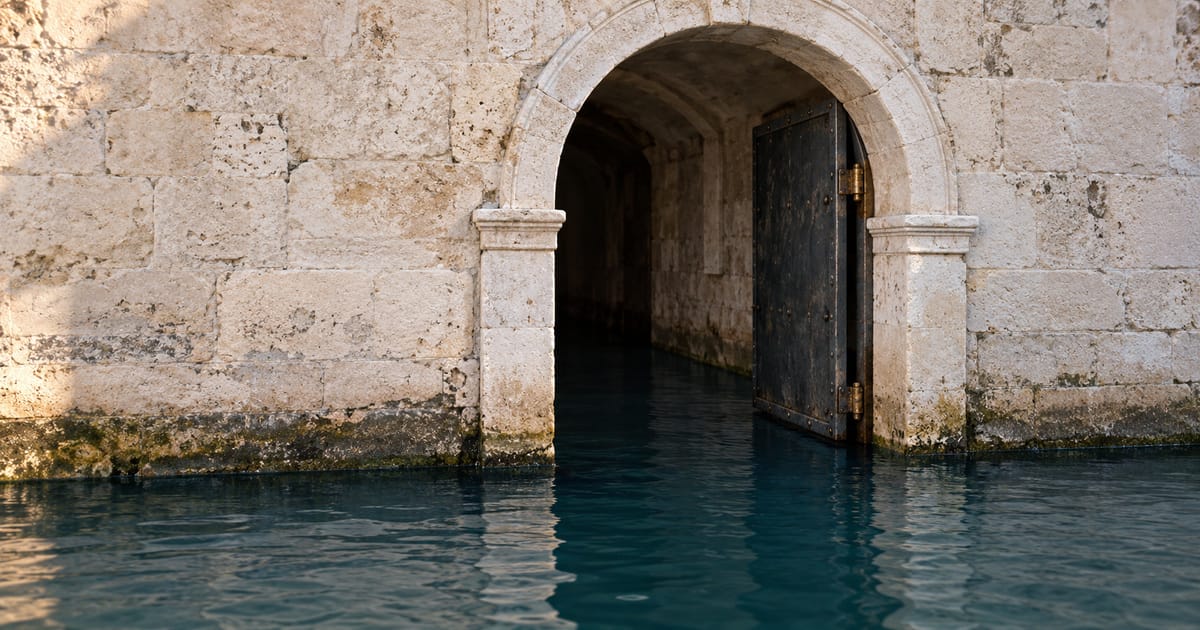 Offenes Wassertor an einem venezianischen Kanal.