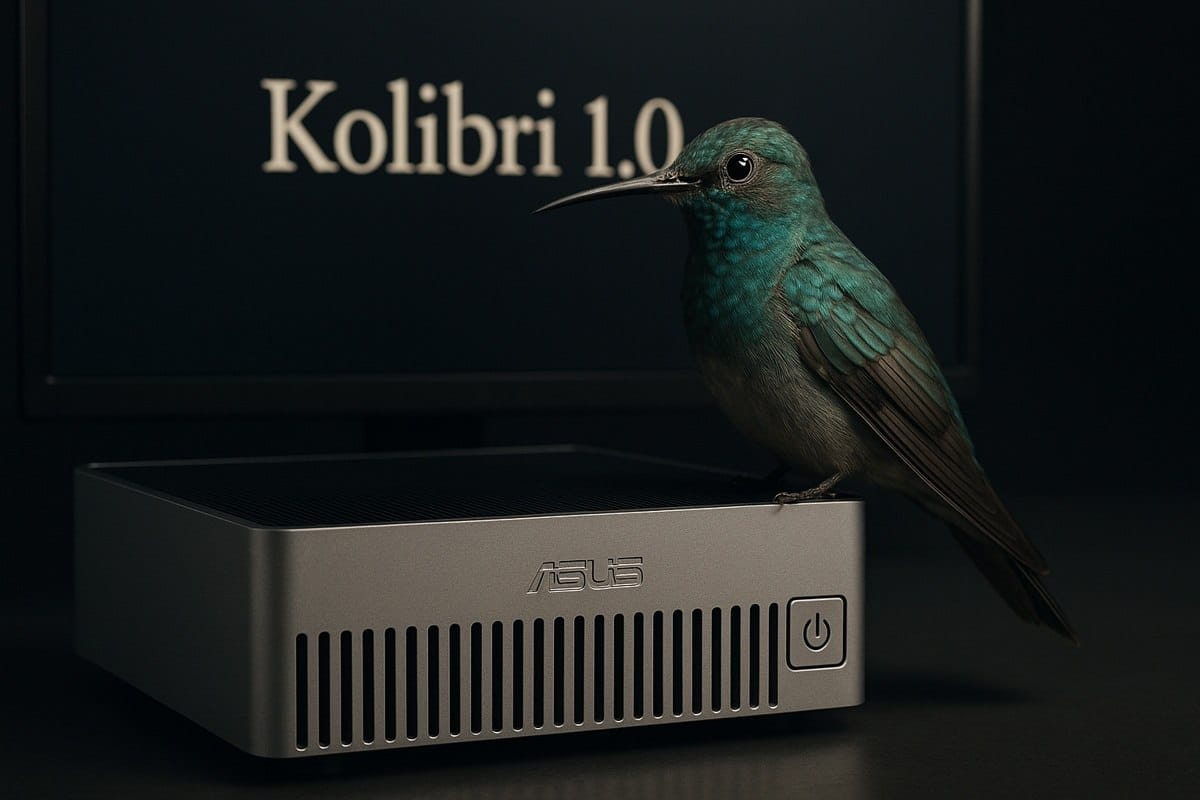 Kolibri auf einem ASUS GX10, im Hintergrund der Schriftzug Kolibri 1.0