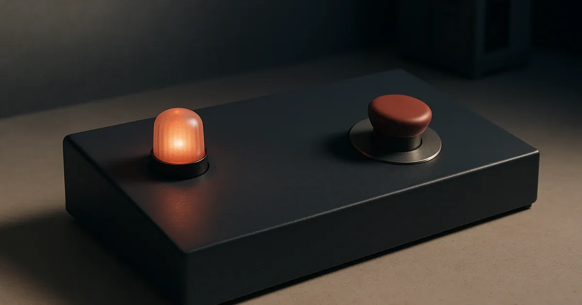Leuchtende Warnlampe und unbetätigter roter Stopptaster auf einem dunklen Bedienpult.