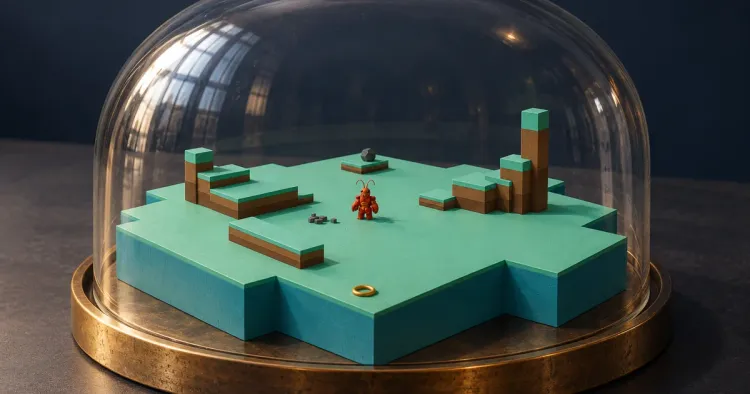 Ein mintgrünes Inselmodell mit einer kleinen roten Figur steht unter einer Glasglocke auf einem Messingsockel vor dunkelblauem Hintergrund.